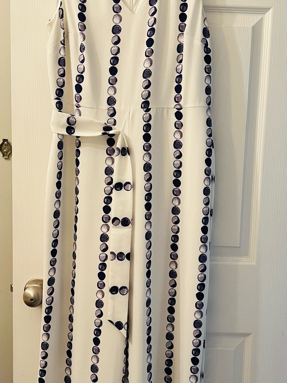 White V-Neck jumpsuit with Vertical Dot Stripes - Picture 1 of 4